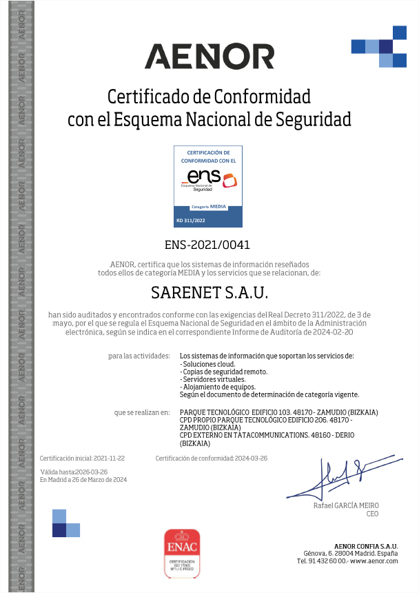 Certificacin Aenor Sarenet